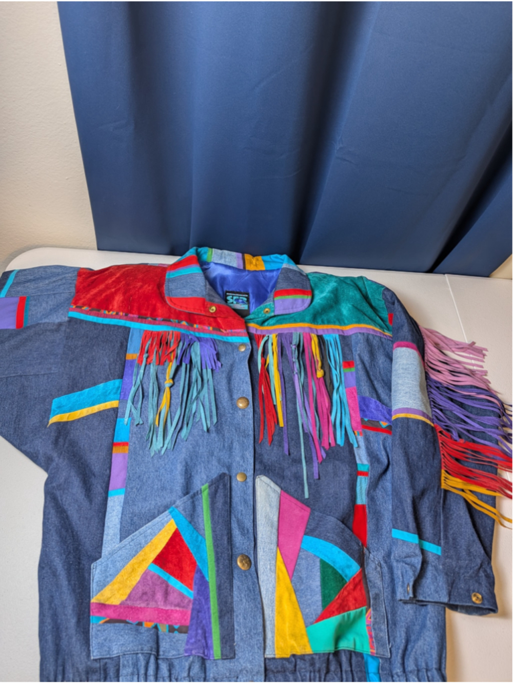 Vtg 90s Santa Fe Re-Creations L Mixed-Media Denim Suede Fringe Patchwork Jacket - Picture 16 of 16